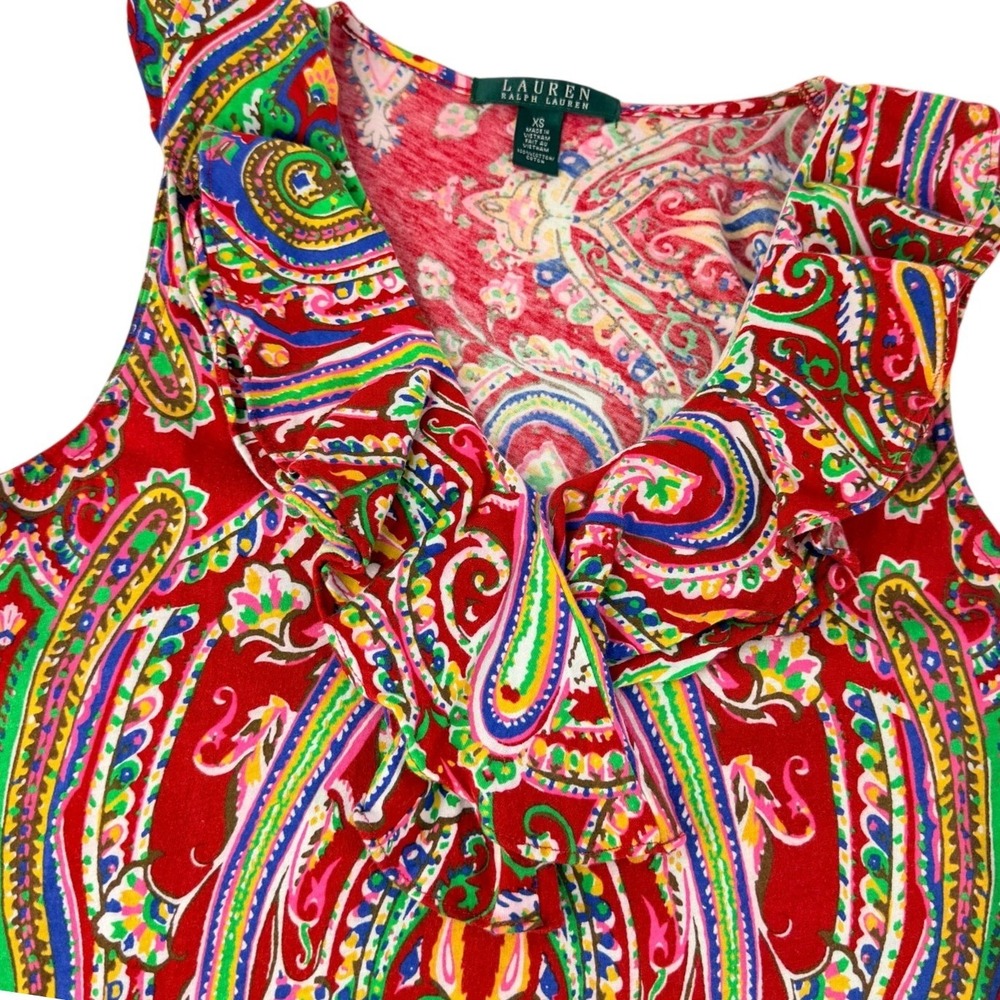 Lauren Ralph Lauren Stretch Vibrant Red Paisley Cotton Ruffle V-Neck Dress XS